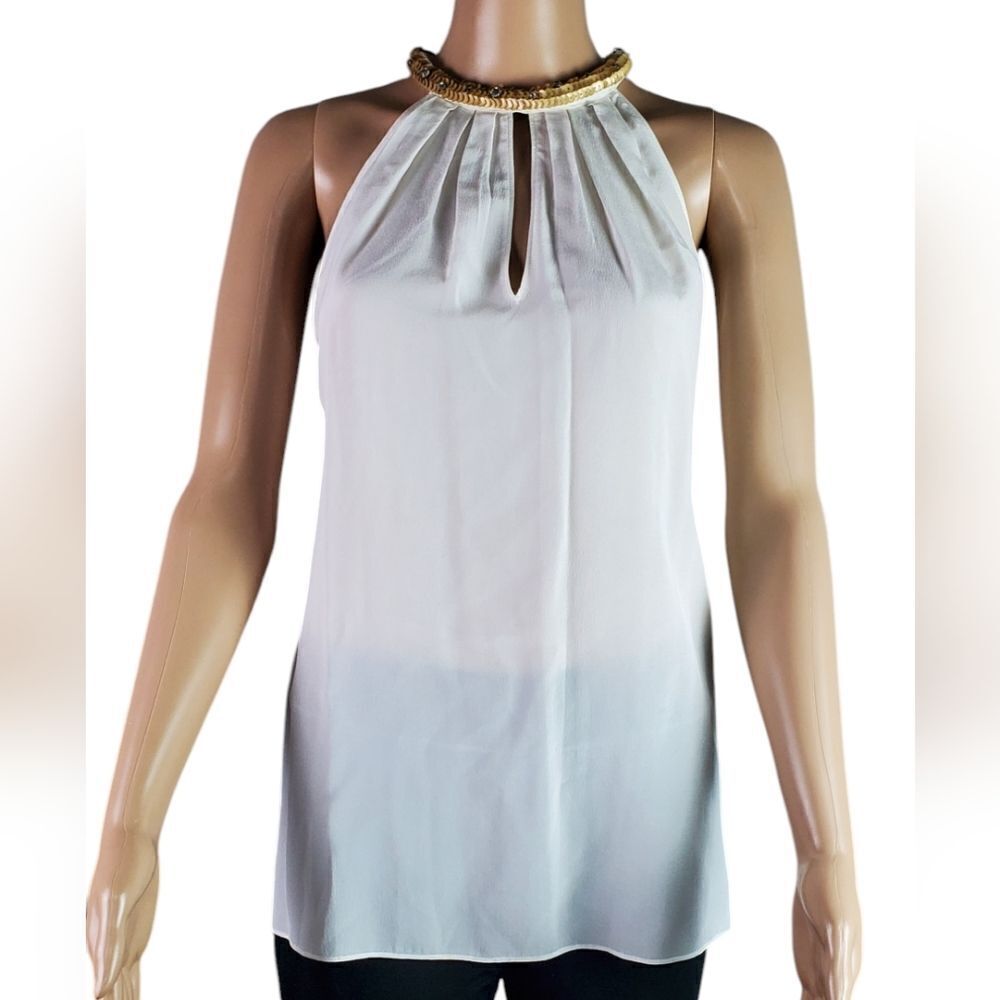 Rebecca Taylor White 100% Silk & Gold Sequence Tank Top